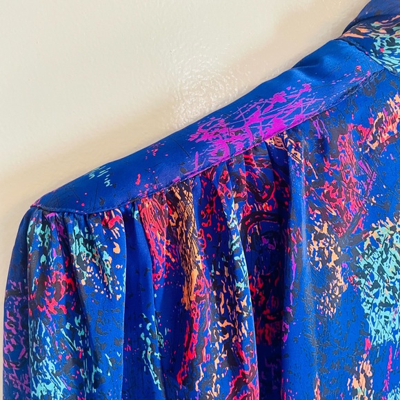 Brocade Plunging V Neck Vintage 80s Silky Long Slv Blue Top Party Satin Blouse - Picture 7 of 11